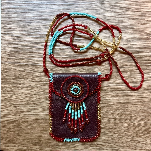 Medicine Bag Hand Beaded in Burgundy Leather 
