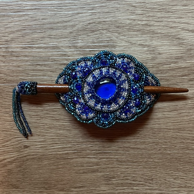 Hand Beaded Oval Hair Stick Blue and Silver