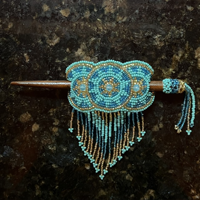Hand Beaded Three Circle Hair Stick Turquoise